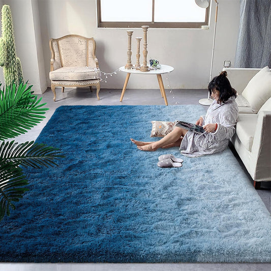 Luxury Fluffy Kids Rugs for Living Room Bedroom, 8X10 Large Shaggy Gradient Navy Blue Area Rug for Girls Boys, Upgrade Plush Non-Slip and Washable Colorful Fuzzy Carpet for Dorm Nursery Decor