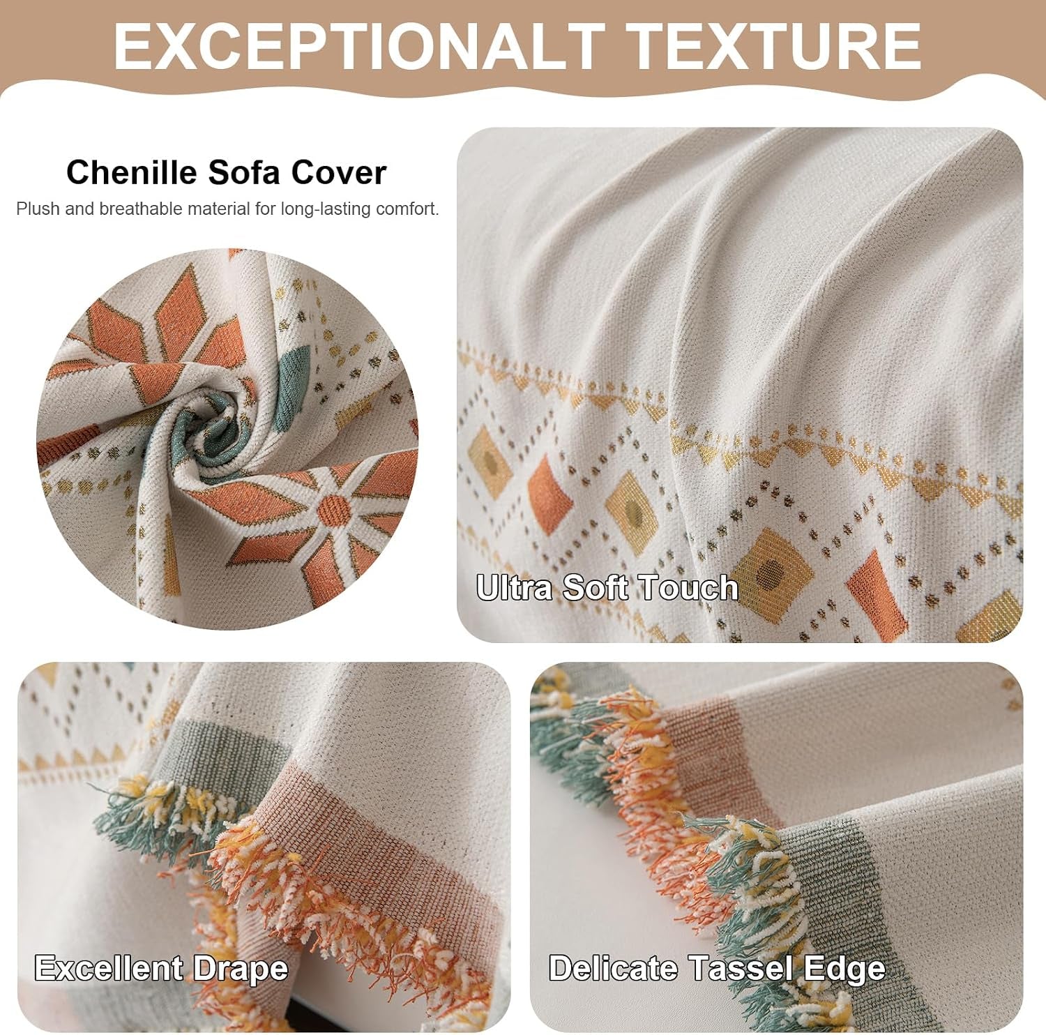 Boho White Jacquard Couch Cover Soft Couch Cover for 3 Seater Cushion Couch Sofa Bedroom Living Room Furniture Protector Sofa Cover for Couch Bed - Gift for Christmas Thanksgiving 71X134 Inch