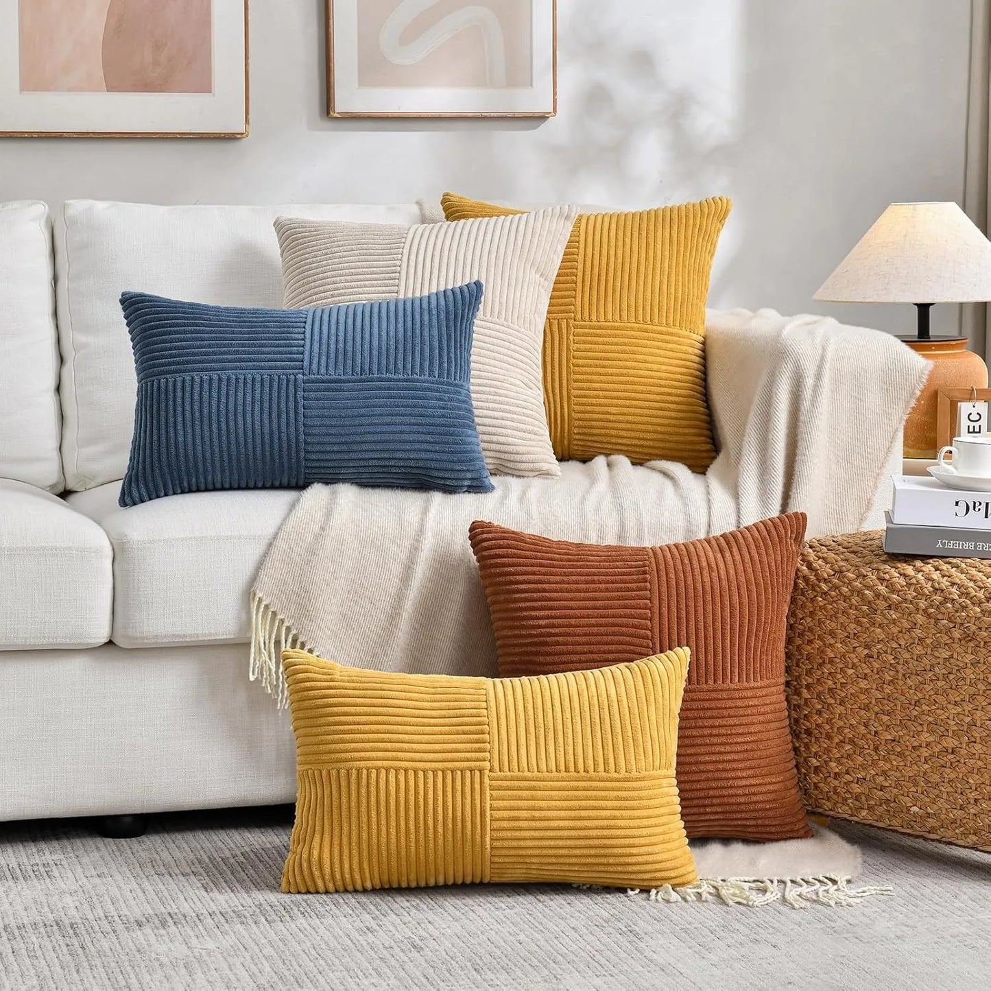 Rust Boho Decorative Throw Pillow Covers 18x18 Inch for Couch Bed Sofa, Farmhouse Fall Home Decor, Soft Corss Corduroy Patchwork